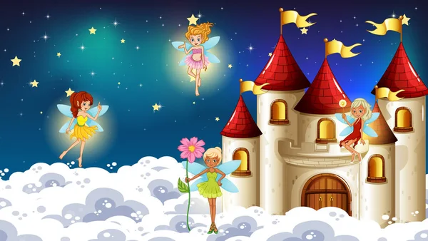 Fairies flying around castle at night — Stock Vector