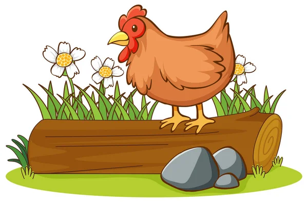 Isolated picture of chicken on log — Stock Vector