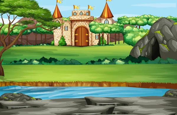 Сцена з вежами замку в лісі — стоковий вектор