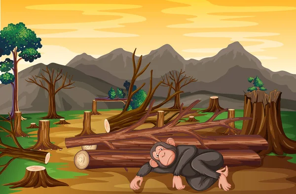 Background scene with monkey and deforestation — Stock Vector