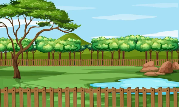 Escena de fondo del parque con estanque y árboles — Vector de stock