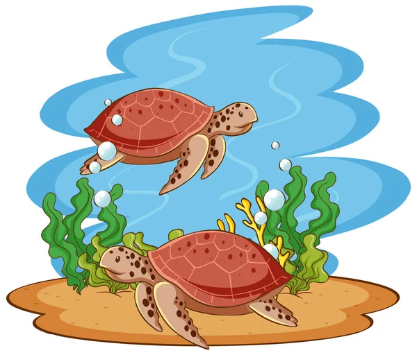 Escena con tortugas marinas en el mar — Vector de stock