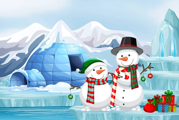 Scène avec bonhomme de neige et igloo — Image vectorielle