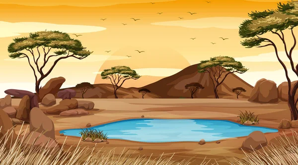 Escena de fondo con estanque en la tierra del desierto — Vector de stock