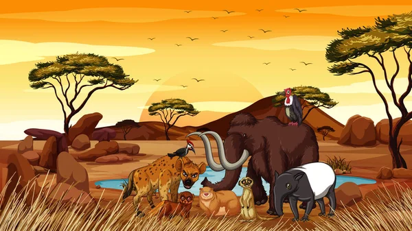 Szene mit vielen Tieren in der Savanne — Stockvektor