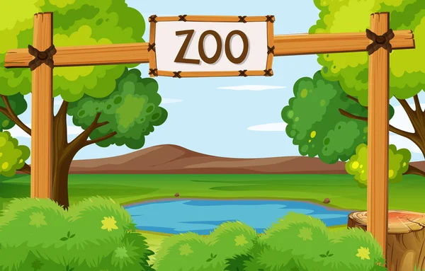 Escena de fondo del parque zoológico con estanque en el campo — Vector de stock