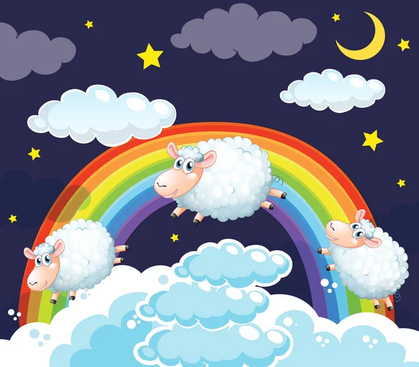 Background scene of sheep jumping in the clouds — Stock Vector