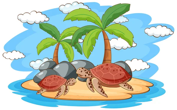 Escena con tortugas marinas en la isla — Vector de stock