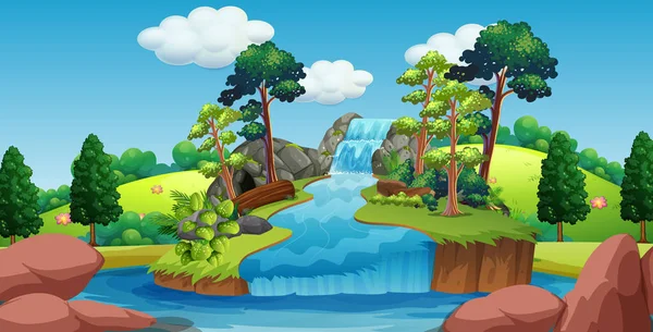 Scena di fondo della cascata con alberi intorno Illustrazioni Stock Royalty Free