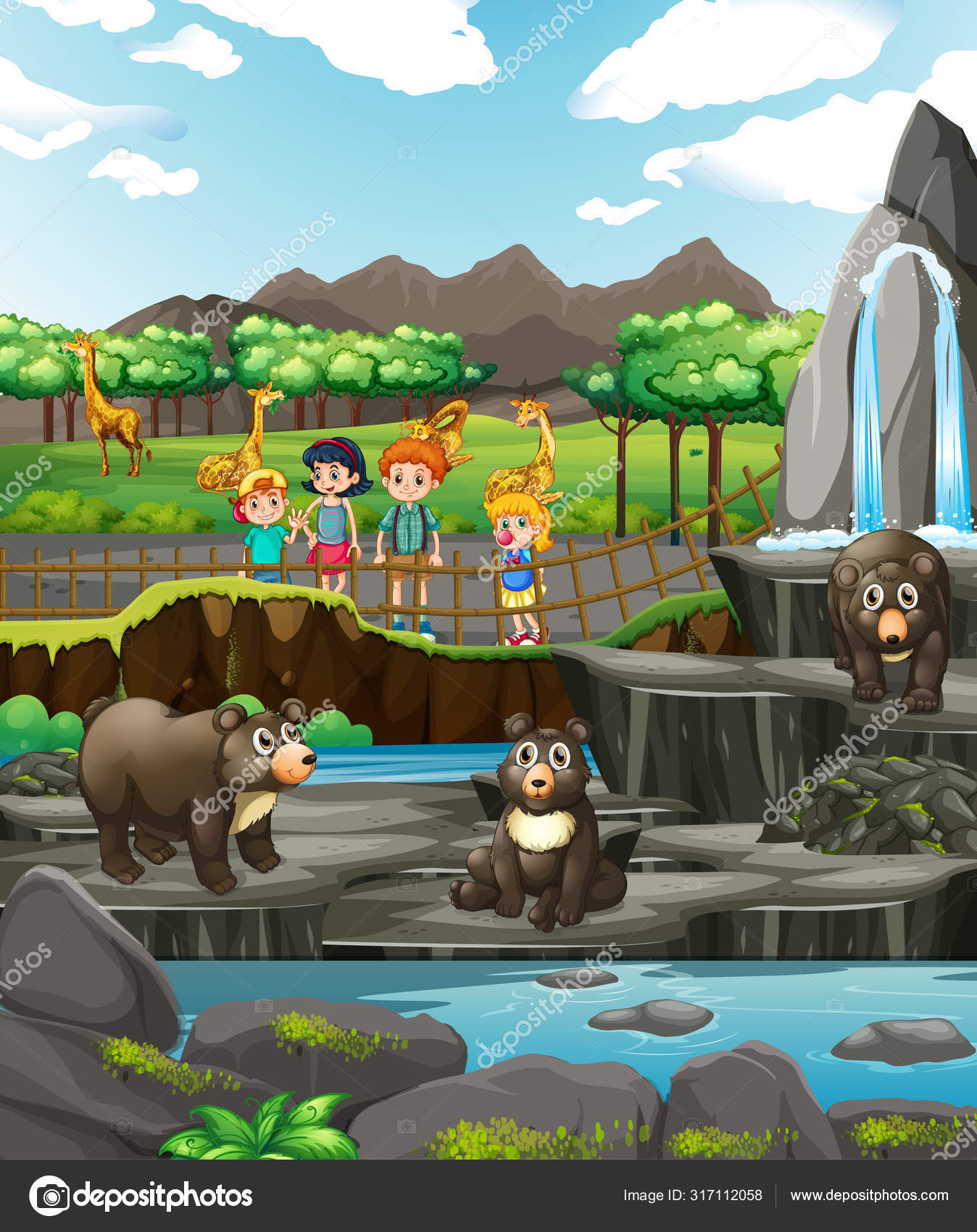 Сцена С Животными И Детьми В Зоопарке Векторное Изображение.