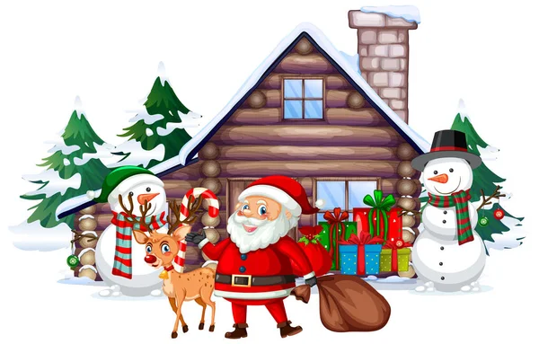 Weihnachtsszene mit Weihnachtsmann und Schneemann — Stockvektor