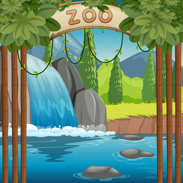 Escena de fondo del parque zoológico con cascada — Vector de stock