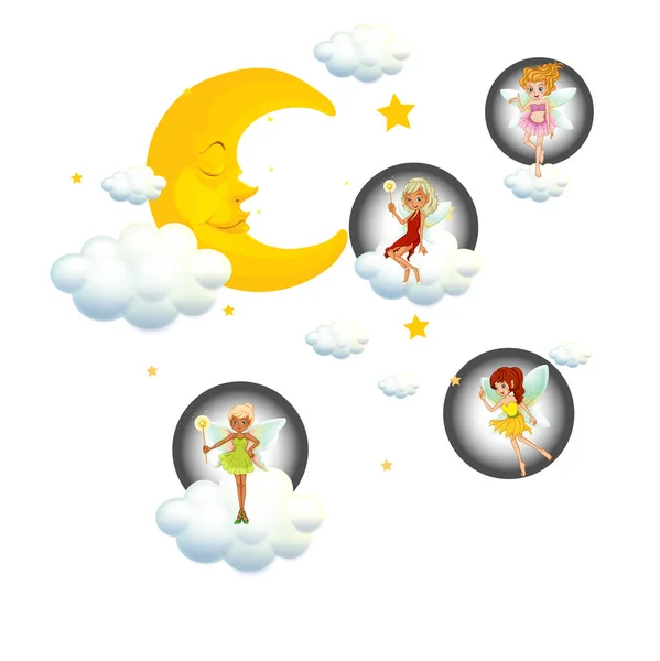 Fairies sitting on cloudns at night — Stock Vector