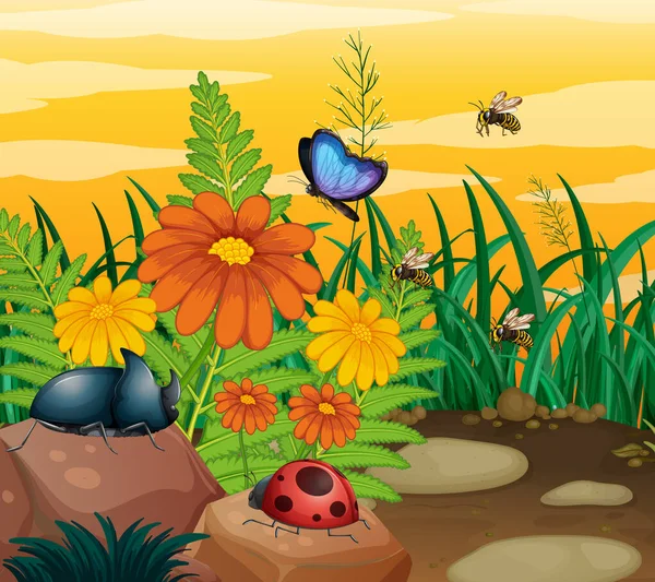 Scène de fond avec des insectes dans le parc — Image vectorielle