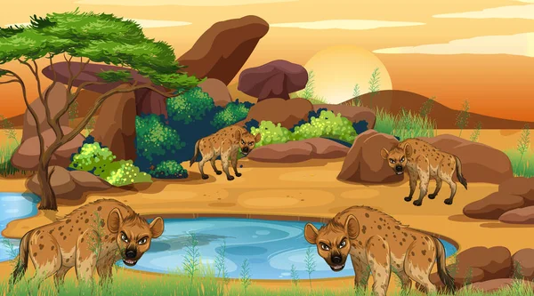 Cena com hiena no campo de savana — Vetor de Stock