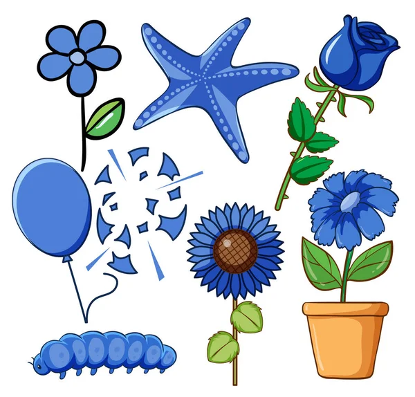 Sada květin a další věci v modré barvě — Stockový vektor