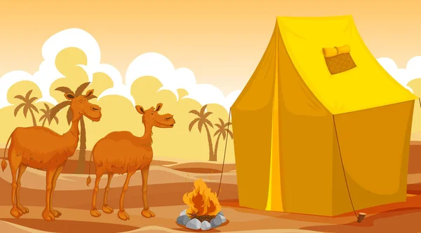 Scene with camels and big tent in desert — Stock Vector