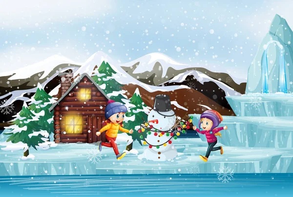 Escena de Navidad con dos niños y muñeco de nieve — Vector de stock