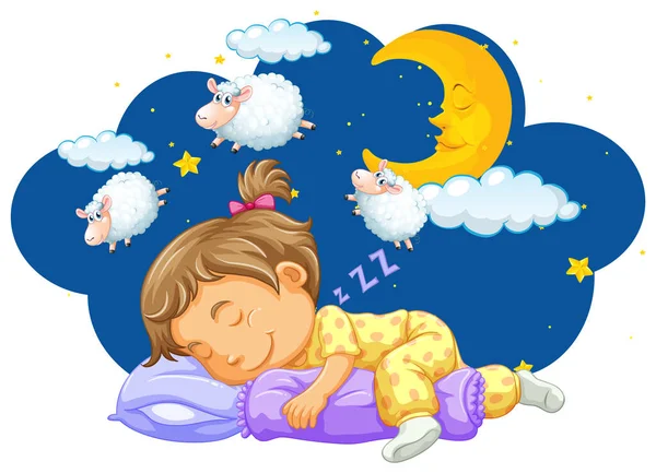 Chica durmiendo con contando ovejas en su sueño — Vector de stock