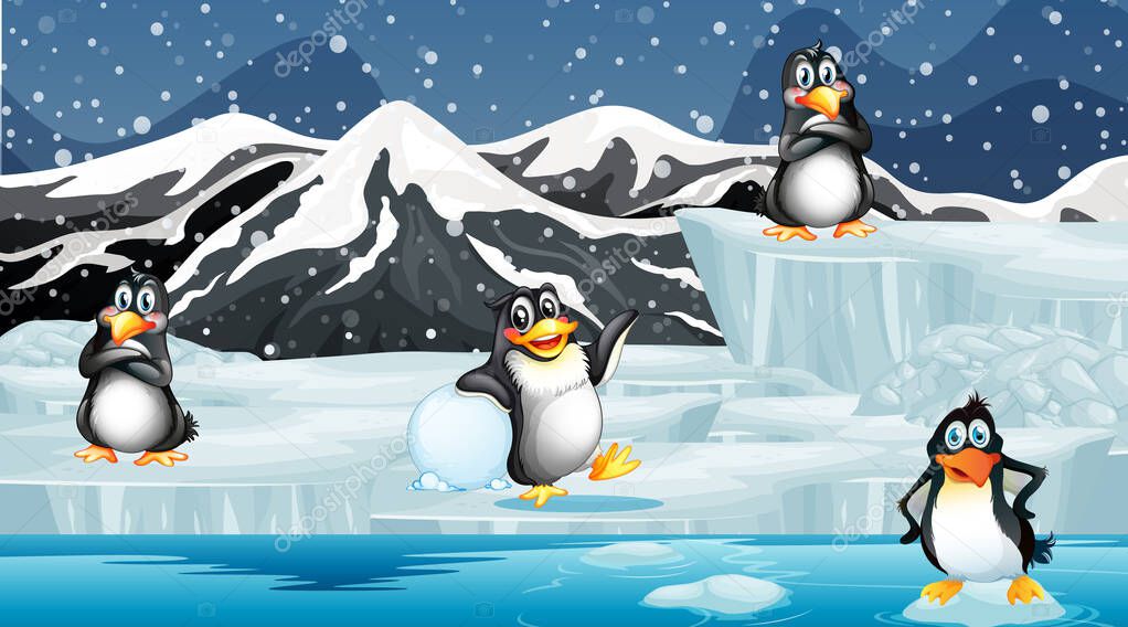 Winter scene with four penguins