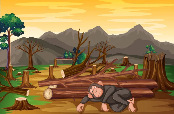 Background scene with monkey and deforestation — 스톡 벡터