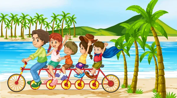 Scéna s rodinnou jízdou na kole podél oceánu — Stockový vektor