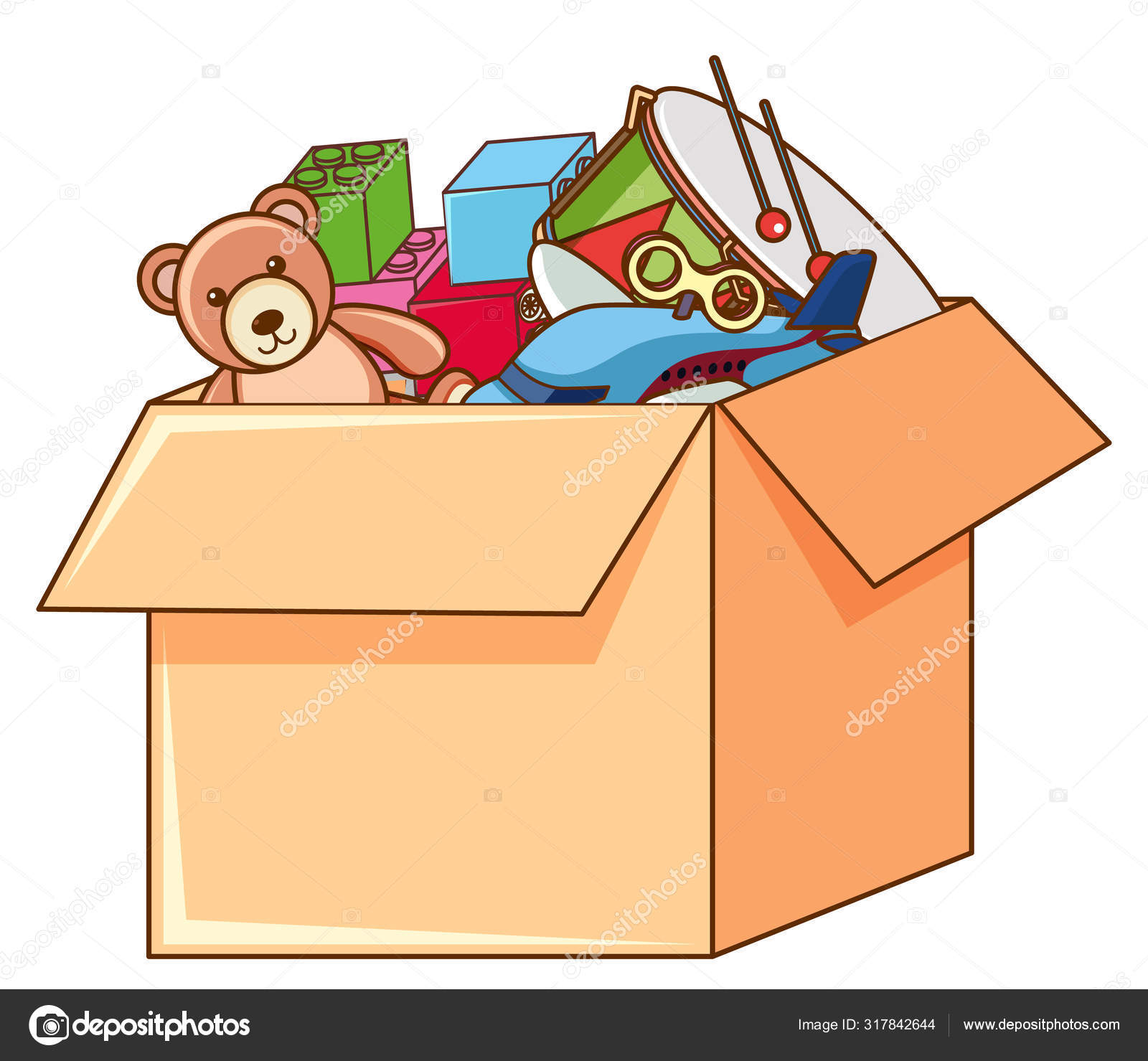 una caja llena de juguetes para niños en estilo adhesivo 2970394 Vector en  Vecteezy