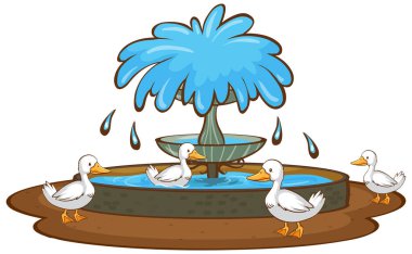 Ördekler ve çeşmeler beyaz arkaplanda