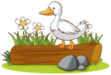 Kütüğün üzerindeki ördeğin izole edilmiş resmi.