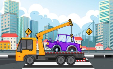 Tow truck lifting car on the road clipart