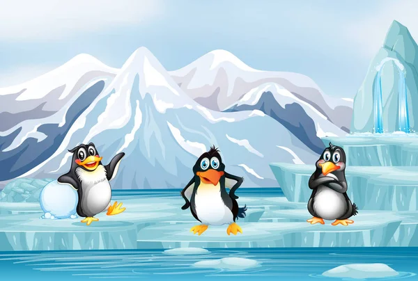 Escena con tres pingüinos sobre hielo — Archivo Imágenes Vectoriales