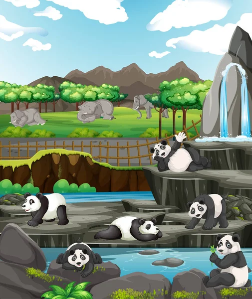Escena con pandas y elefantes en el zoológico — Vector de stock