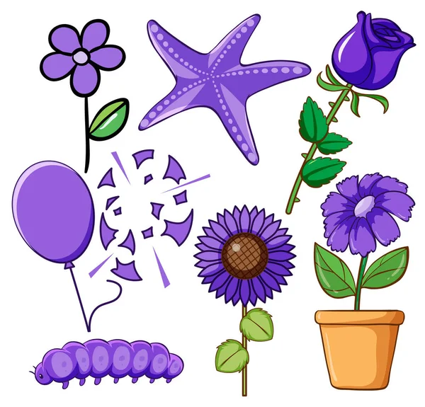 Set of flowers and animals in purple — Stock Vector