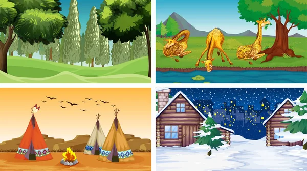 Cuatro escenas con animales y parques — Vector de stock