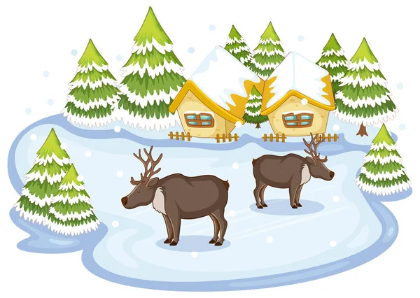 冬天和驯鹿在一起的场景 — 图库矢量图片