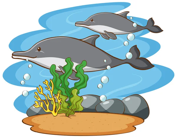 Escena con delfines nadando en el mar — Vector de stock