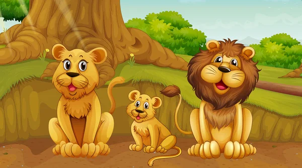 Σκηνή με την οικογένεια λιονταριών στο πάρκο — Διανυσματικό Αρχείο