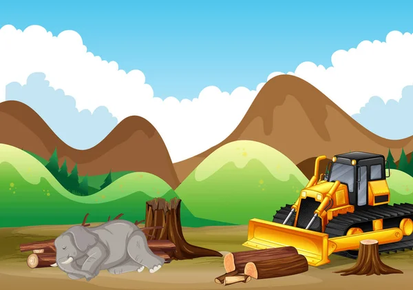 Deforestation scene with dying elephant — Stock Vector