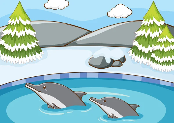 Escena con delfines en el agua — Vector de stock