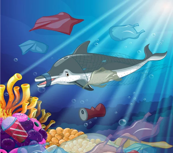 Подводная сцена с дельфином и пластиковыми пакетами — стоковый вектор