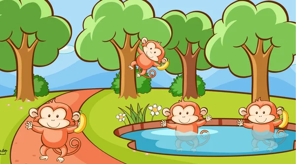 Ormanda maymunların olduğu sahne — Stok Vektör