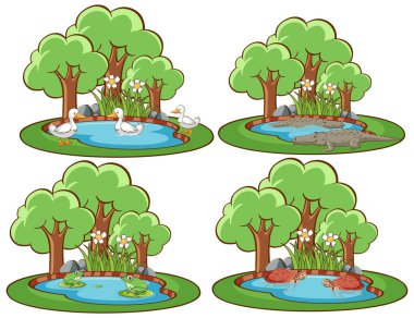 Bir sürü hayvanın olduğu dört orman sahnesi