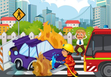 Accident scene with fireman and car on fire clipart