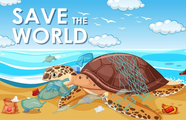 Сцена контроля загрязнения с черепахой и пластиком на пляже — стоковый вектор