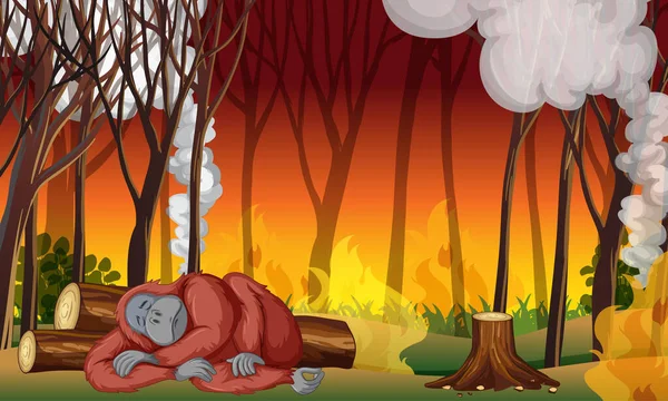 Scène de lutte contre la pollution avec singe et feu de forêt — Image vectorielle