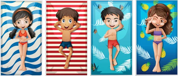 海滩毛巾上的男孩和女孩 — 图库矢量图片