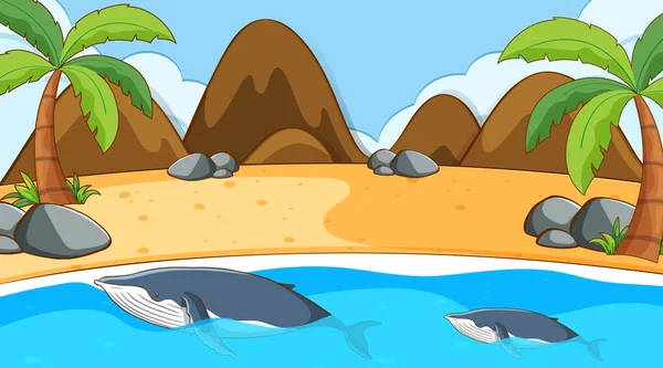 Escena con ballena en el océano — Vector de stock