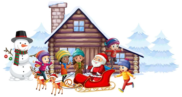 Santa Claus y los niños en el trineo — Vector de stock