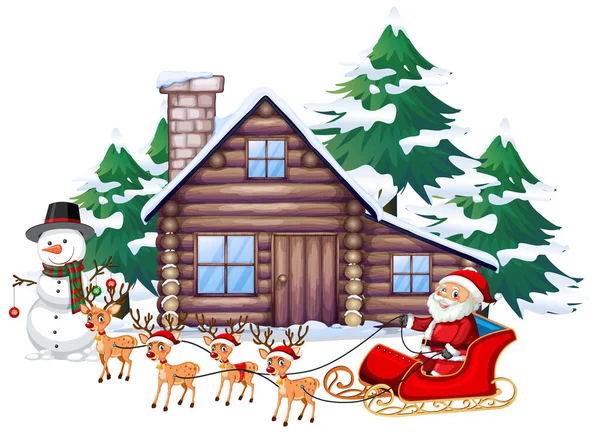 圣诞老人和驯鹿骑雪橇的场景 — 图库矢量图片