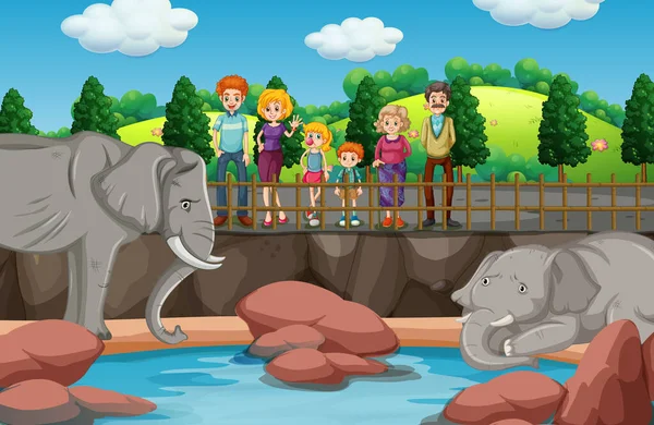 Scena z ludźmi patrzącymi na słonie w zoo — Wektor stockowy